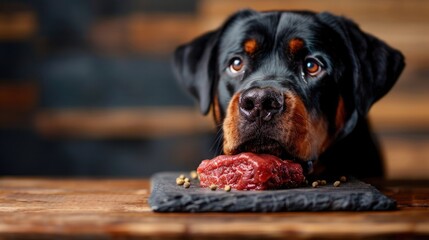 A rottweiler standing over a piece of raw venison, with all other elements out of focus, showcasing the dog's intense interest in the food
