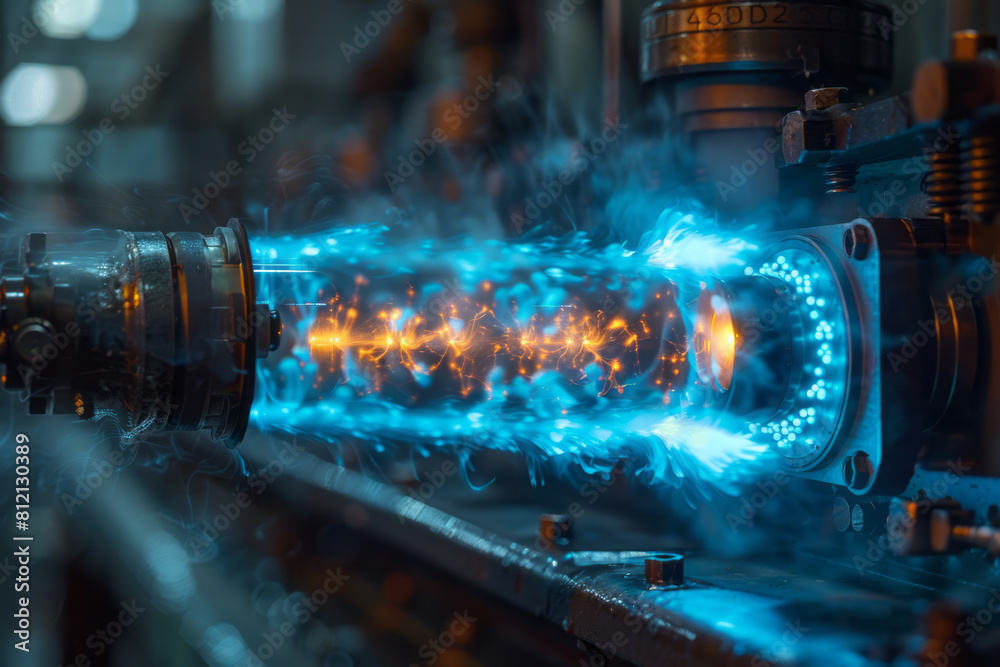 Poster artistic representation of a transformer in action, highlighting the magnetic flux and electric curr
