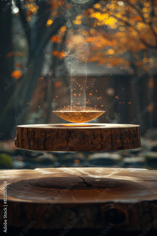 Poster visualization of a magnetic levitation device, with a hovering object stabilized by magnetic forces,