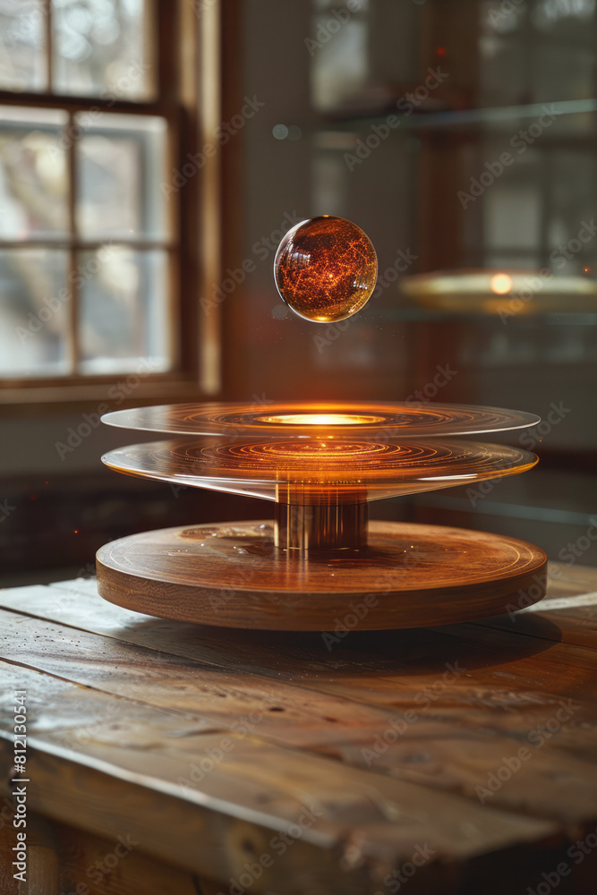 Poster visualization of a magnetic levitation device, with a hovering object stabilized by magnetic forces,