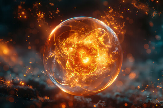 Artistic depiction of nuclear fusion, where two hydrogen atoms combine to form helium, emitting light and heat,