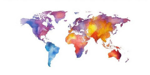 Watercolor map of the world with splashes of vibrant colors and a white background for a creative geographical concept. Digital art of world map painted with gradient watercolor in warm color. AIG35.
