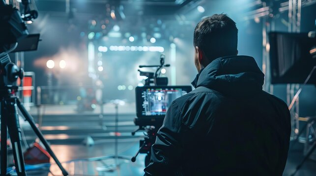 professional male film director directing movie scene in hightech studio overseeing creative vision and production
