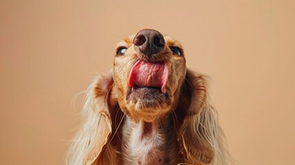 A Saluki gently licking a mix of raw beef and lamb, displayed on a simple beige background to emphasize the natural diet