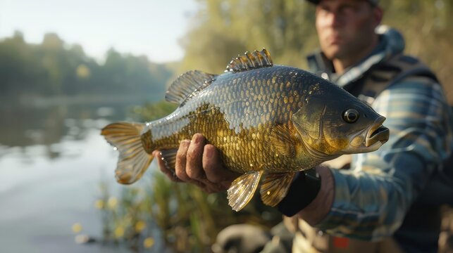 proud fisherman holds trophy tench fish after successful catch photorealistic 3d