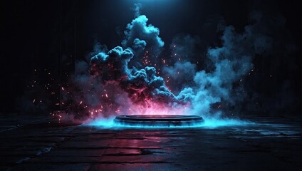 3D rendering abstract dark empty scene stage spotlight on stage fountain in the night city
