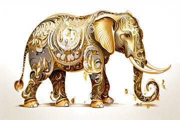 Illustration of white elephant with golden ornaments, intricate floral design 