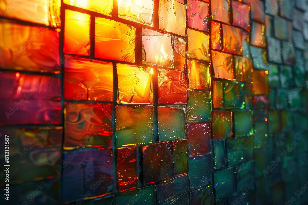 Poster abstract art showing the photovoltaic effect within a solar cell, converting light to electricity,