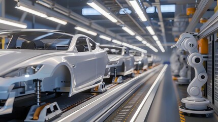 robotic arms assembling cars on production line modern automotive manufacturing 3d rendering