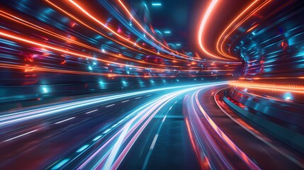 Neon lit tunnel with vibrant light trails