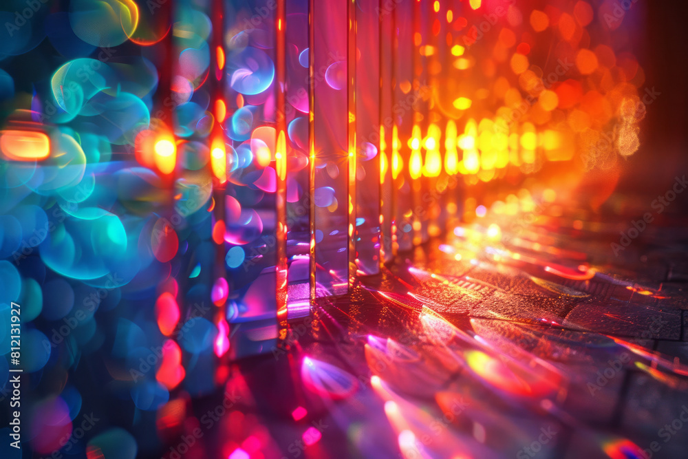 Poster conceptual artwork showing light diffraction through a narrow slit, with colorful wave patterns emer
