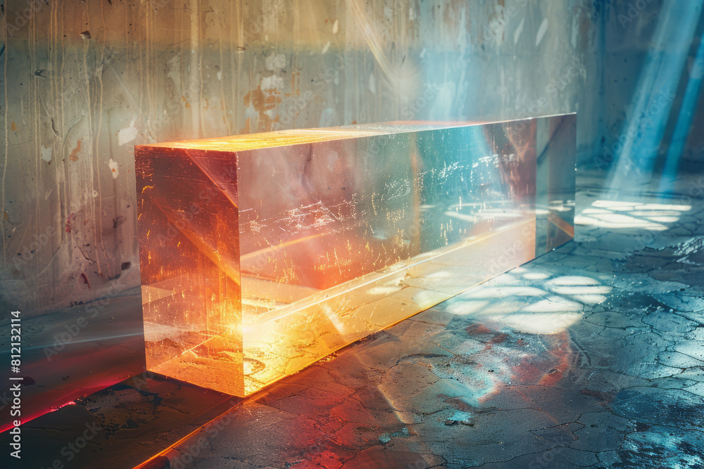 Poster Surreal depiction of a light beam passing through a birefringent crystal, splitting into two polarized rays,