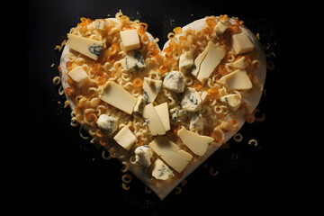 Artistic depiction of a heart-shaped pizza with a variety of cheeses and garlic cloves, presented on a dramatic black background  Generative Ai,