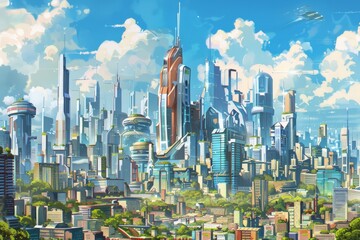Design a futuristic cityscape with towering skyscrapers, each representing a different aspect of modern living.