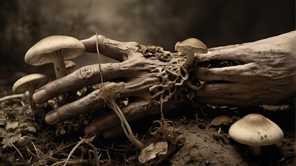 Cycle of Nature: Skeletal Hand and Mushrooms - A Symbol of Life, Impermanent and Decay