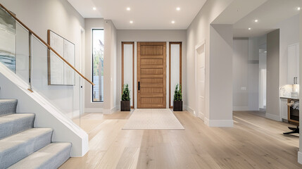 Bright entrance with a light gray staircase wide wooden front door and broad light hardwood floors extending to an elevated ceiling Modern airy design