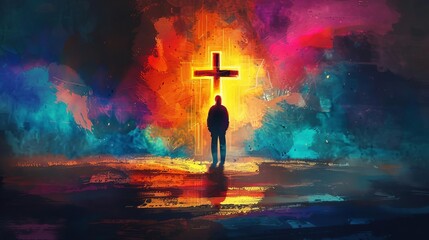 silhouette of man praying in front of illuminated cross faith and spirituality digital watercolor painting