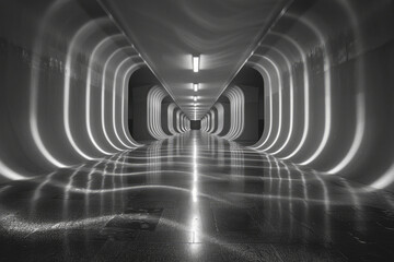 Visualization of the reflection of sound waves in an empty hallway, demonstrating echo and reverb,