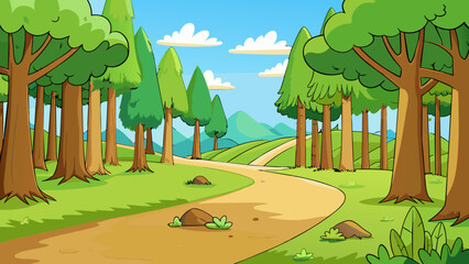 cartoon of forest background with dirt road vector illustration