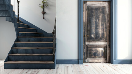 Charming home entry with a deep blue staircase next to a weathered wooden door set against a pale hardwood floor