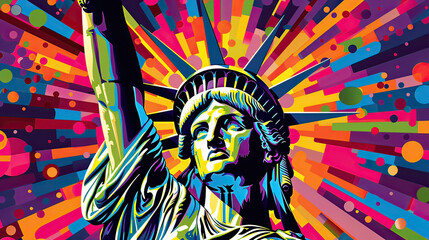 The Statue of Liberty depicted in a vivid pop art style, symbolizing American freedom with a modern...