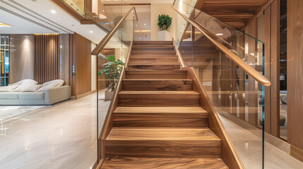 Obraz premium Chic luxury home interior featuring a wooden staircase with glass railings leading to a sophisticated upper level