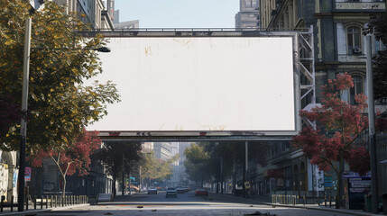City avenue with a large white billboard, framed by urban life and architecture.