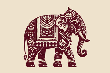 Indian elephant. Wearing jewelry and feathers on his head. Old vintage engraving illustration. Hand drawn outline graphic. Logo, emblem, icon. Isolated object, cut out. black and white