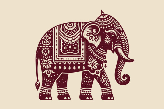 Indian elephant. Wearing jewelry and feathers on his head. Old vintage engraving illustration. Hand drawn outline graphic. Logo, emblem, icon. Isolated object, cut out. black and white