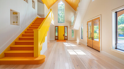 Contemporary entrance with a sunflower yellow staircase broad wooden front door and pale hardwood floors extending to a vaulted ceiling Bright cheerful interior - Powered by Adobe