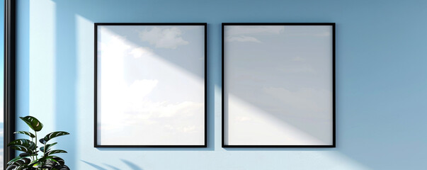 Contemporary office space with two blank posters in professional black frames spotlighted on a sky blue wall ideal for corporate branding or motivational posters