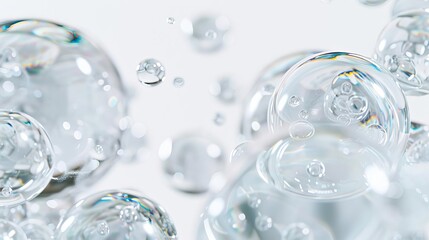 translucent water bubbles floating in space realistic 3d rendering on white background