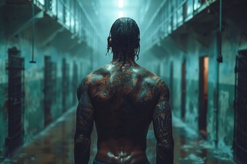 Back view of an inmate with detailed tattoos in a dimly-lit penitentiary shower