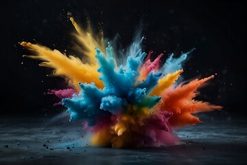 Obraz premium A vibrant burst of colorful powder frozen in mid-air against a clean background, creating an abstract and dynamic splatter of colored dust.