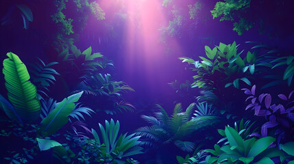 Captivating digital artwork of a serene light beam shining through a lush forest canopy, highlighting the vibrant and diverse tropical foliage