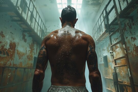A muscular, tattooed man gazes upwards in a mist-filled room, evoking a sense of contemplation and strength