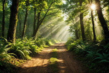 Obraz premium Winding forest road meanders through haze forest. Oblique rays of sun pierce through canopy. Towering trees line road, their branches reaching up towards warm sunlight filtering through leaves.