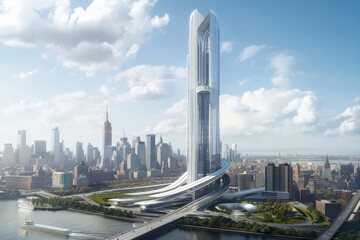 Fototapeta premium Develop a concept for a skyscraper that serves as a cultural landmark, housing museums, theaters, and galleries within its towering structure.