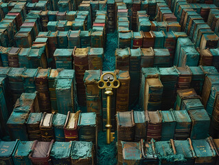 Digital artwork featuring a golden skeleton key prominently positioned in the pathway of a labyrinth made entirely of aged, blue-toned books