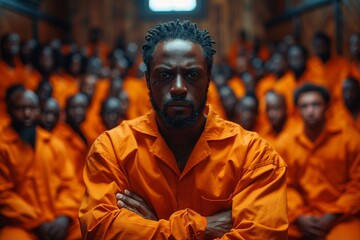 Focused man with contemplative expression and arms crossed wears an orange suit amidst a blurred background of inmates
