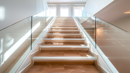 Elegant and minimalist staircase in a high-end home featuring polished wood steps and glass...