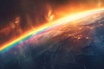 Visualization of a prism floating in space, dispersing sunlight into a spectrum that wraps around a planet,