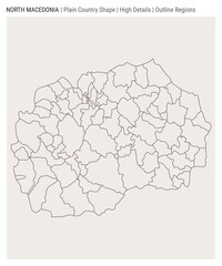 North Macedonia plain country map. High details. Outline Regions style. Shape of Macedonia. Vector illustration.