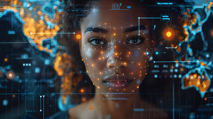 Portrait of a young woman with a high-tech facial recognition interface overlay, representing modern biometric technology in use