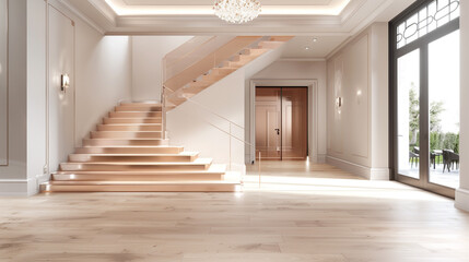 Elegant home entry with a rose gold staircase expansive front door and light hardwood flooring reaching up to a high ceiling Luxurious modern style