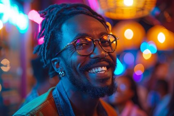 A person from the side with dreadlocks is depicted with vibrant neon lights in the background