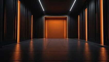 3D render of a podium abstract door light fantastic scene with orange light element on black background