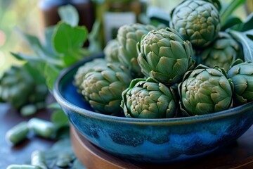 Fototapeta premium Edible Artichokes pills bowl. Dish menu. Generate Ai