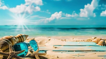 Sunny tropical beach with turquoise water, summer holidays vacation background, seashells in sand, palm tree on the beach