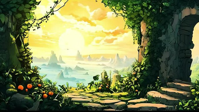 A beautiful view of a lush green forest with  a stone path leading to a doorway . The sun is shining brightly, casting a warm glow over the landscape. There are  several oranges  scattered throughout 